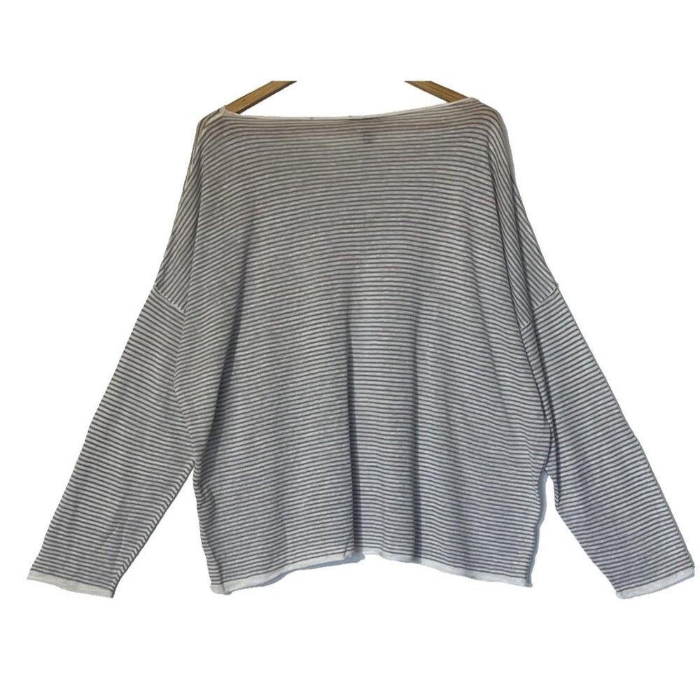 New Eileen Fisher Dove White Gray Stripe Long Sleeve Organic Linen Cotton Top - Picture 3 of 7